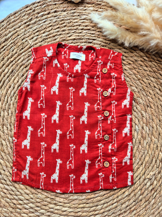 Red Giraffe Sleeveless Kids Cotton Jabla (Newborn to 3years)