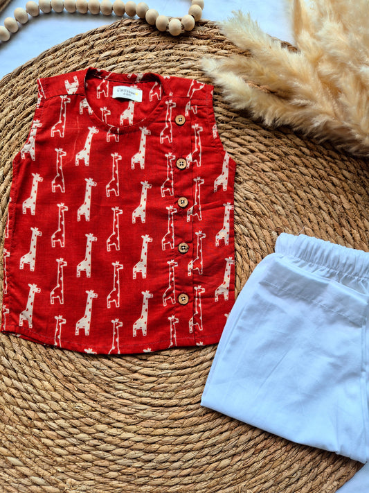 Red Giraffe Sleeveless Kids Cotton Jabla (Newborn to 3years)