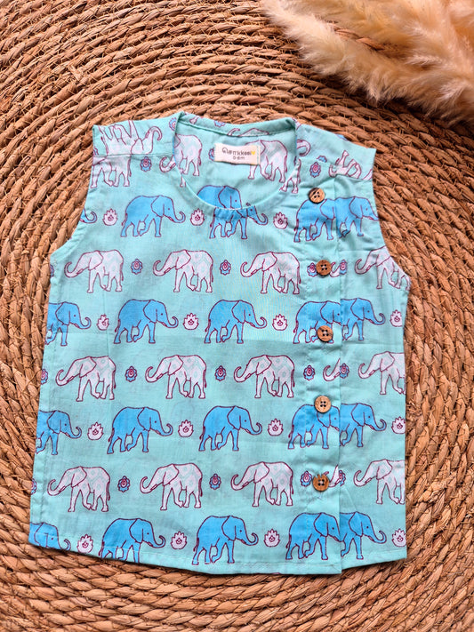 Sea blue elephant sleeveless kids cotton jabla (Newborn to 3years)