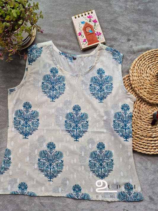 Mystic blue floral women sleeveless top - XS to XXL