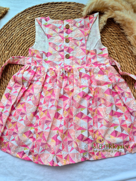 Hakoba cotton Baby Girl Frock  - Pink geometrical  (2 to 4years)
