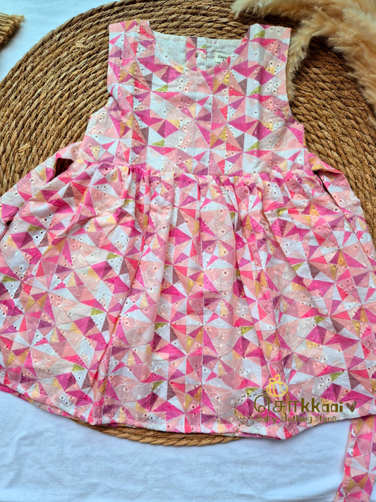 Hakoba cotton Baby Girl Frock  - Pink geometrical  (2 to 4years)