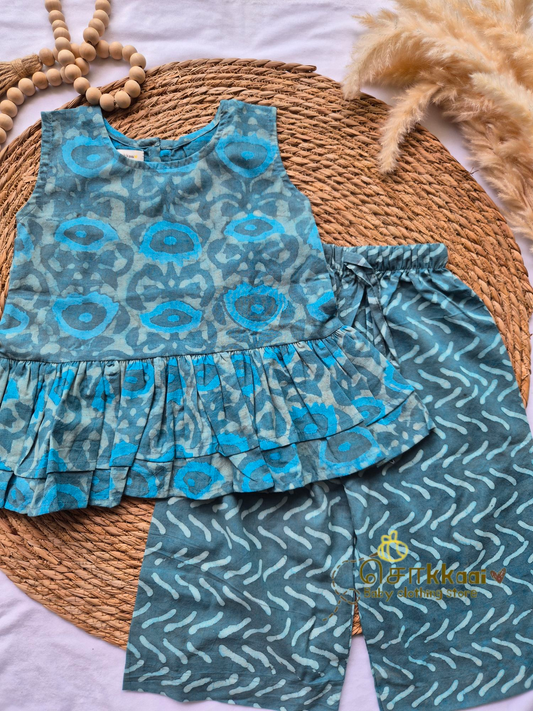 Aqua blue hand block palazzo set (1-5years)