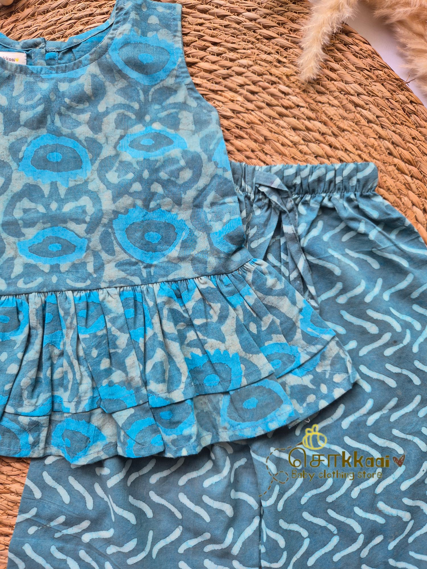 Aqua blue hand block palazzo set (1-5years)