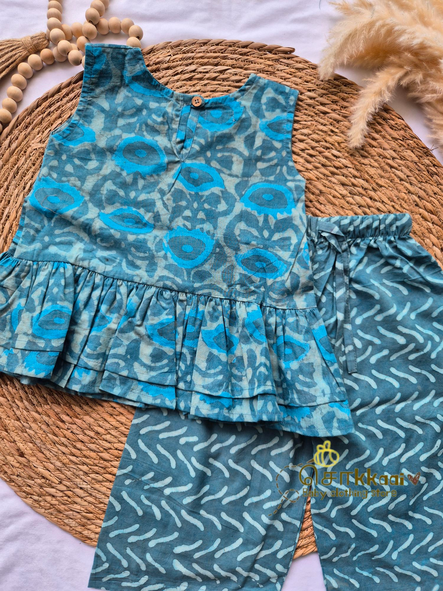 Aqua blue hand block palazzo set (1-5years)