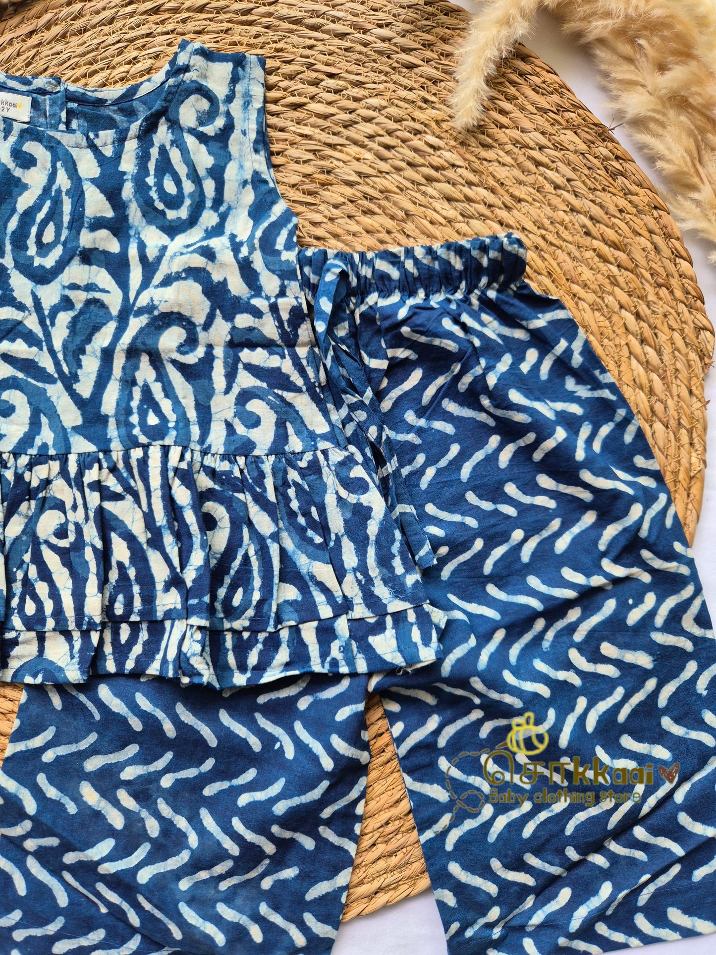 Navy blue hand block palazzo set (1-5years)