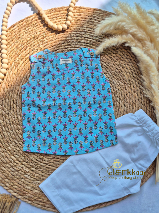 Bloomie blue floral shoulder button sleeveless set (0-3years) - Unisex/ Girl / Boy