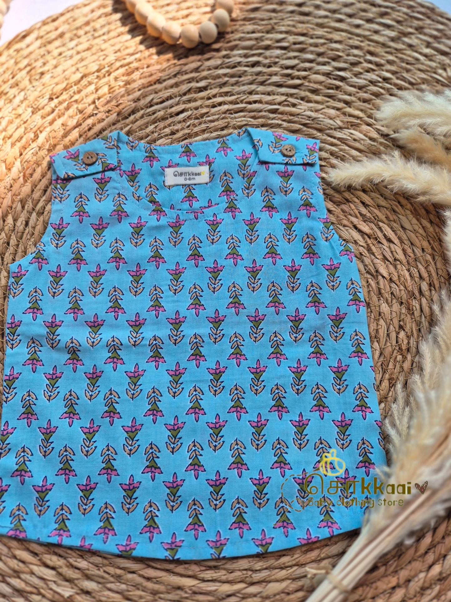 Bloomie blue floral shoulder button sleeveless set (0-3years) - Unisex/ Girl / Boy