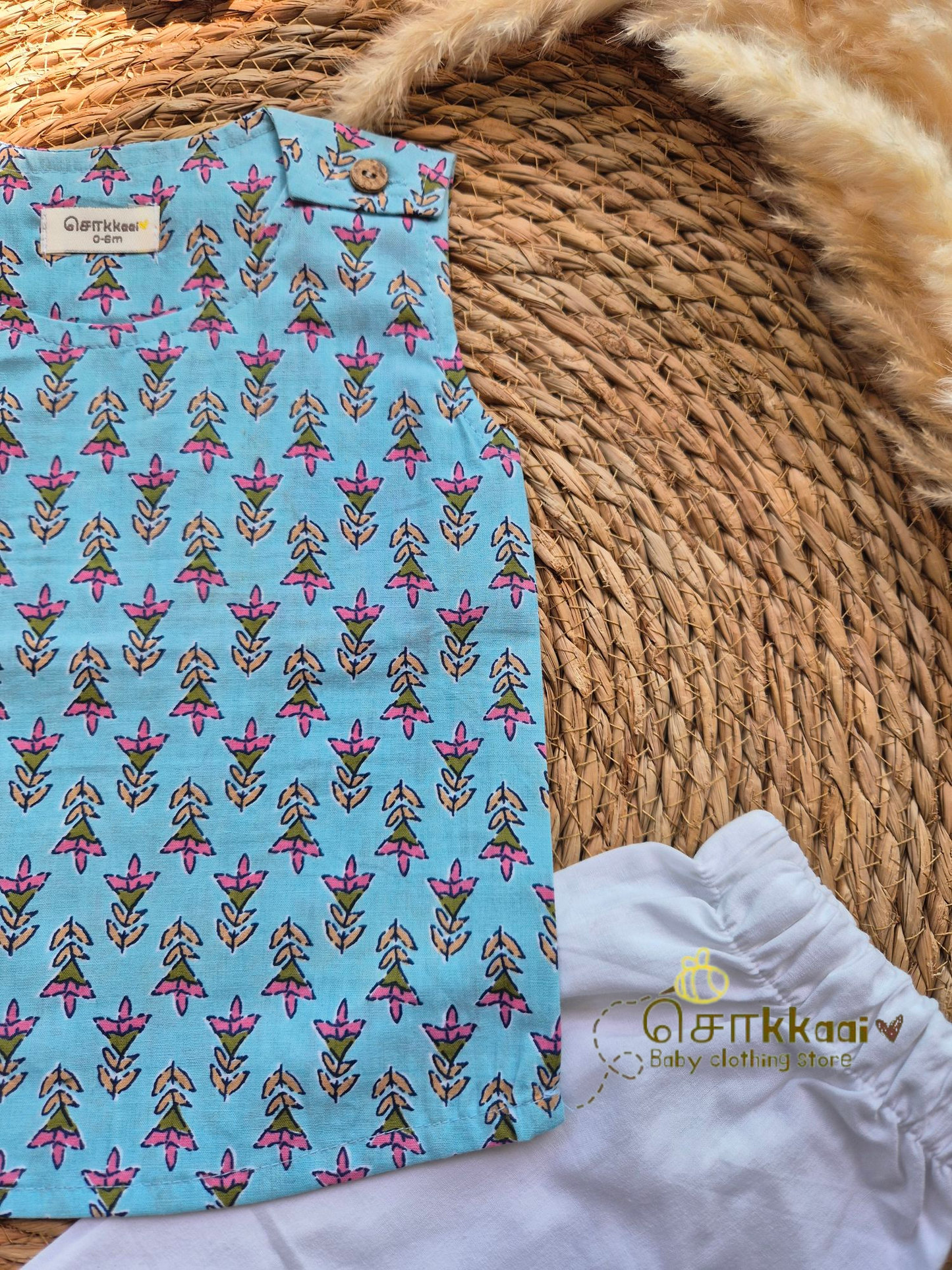 Bloomie blue floral shoulder button sleeveless set (0-3years) - Unisex/ Girl / Boy