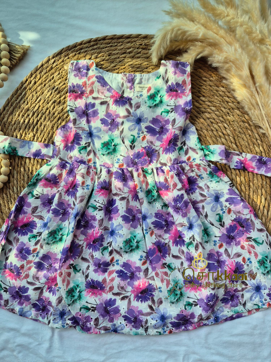 Hakoba cotton Baby Girl Frock  - Purple floral (2 to 4years)