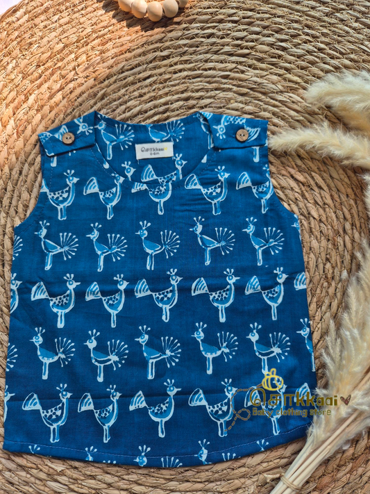 Blue peacock floral shoulder button sleeveless set (0-3years) - Unisex/ Girl / Boy