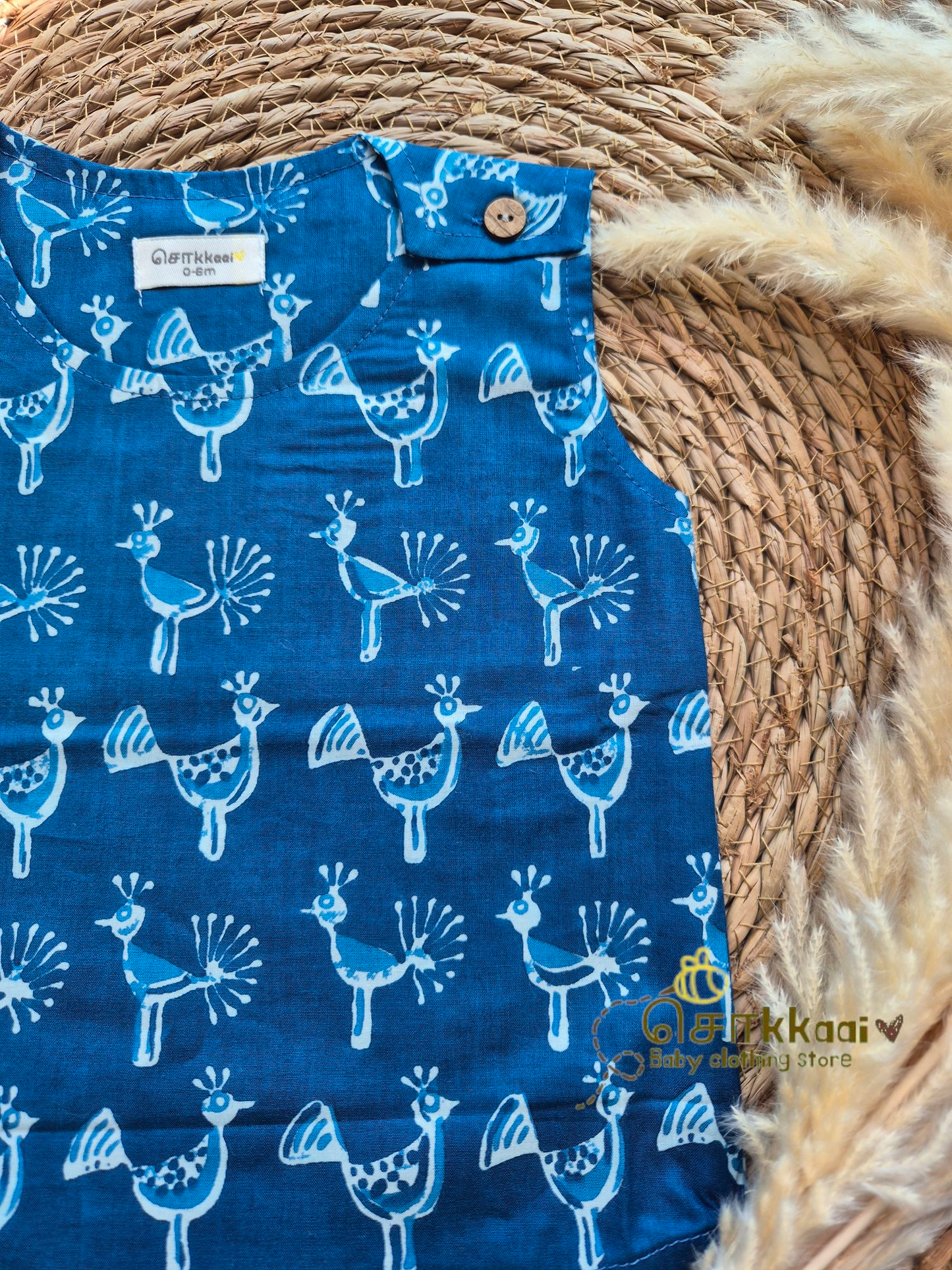 Blue peacock floral shoulder button sleeveless set (0-3years) - Unisex/ Girl / Boy