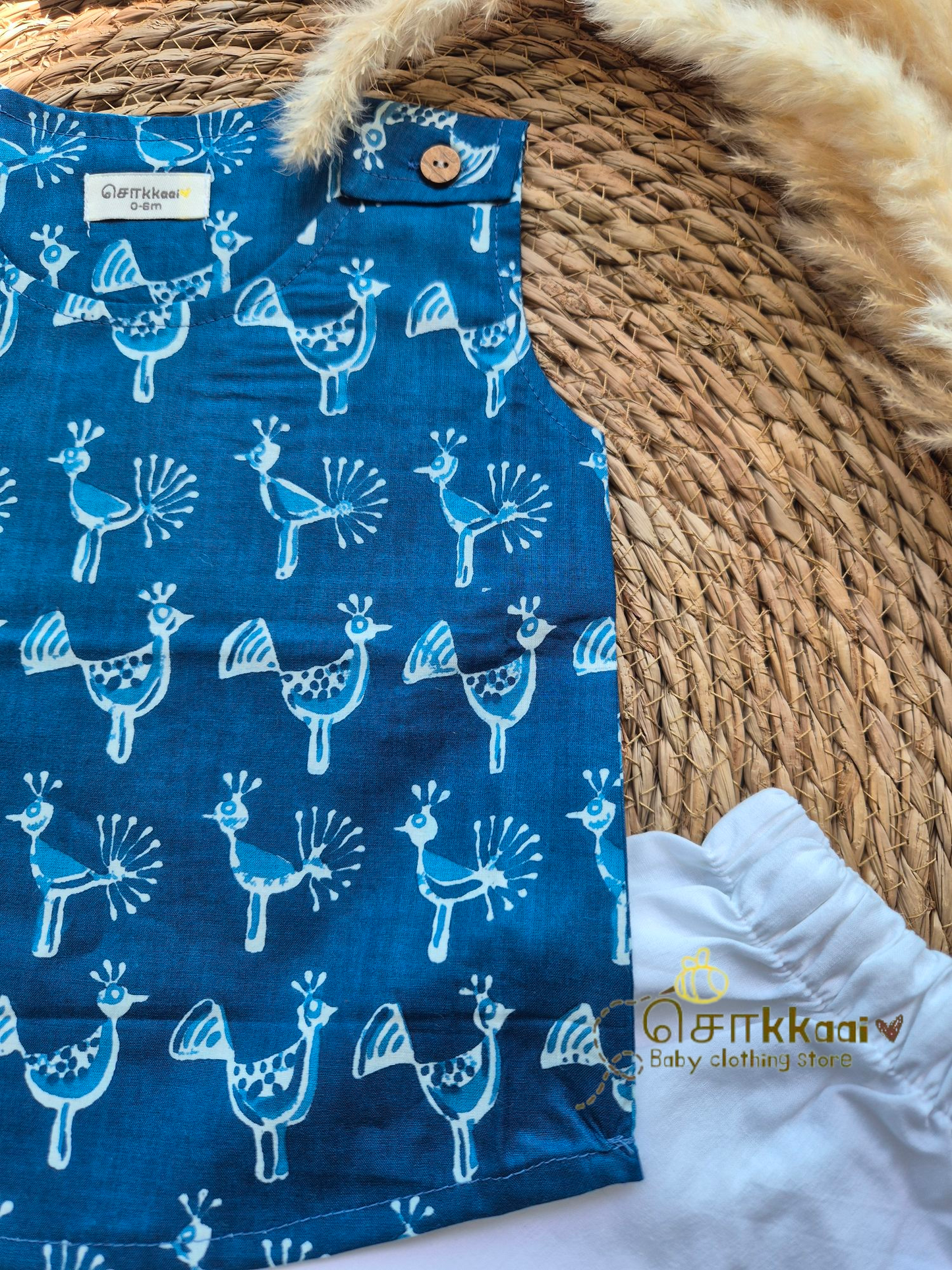 Blue peacock floral shoulder button sleeveless set (0-3years) - Unisex/ Girl / Boy