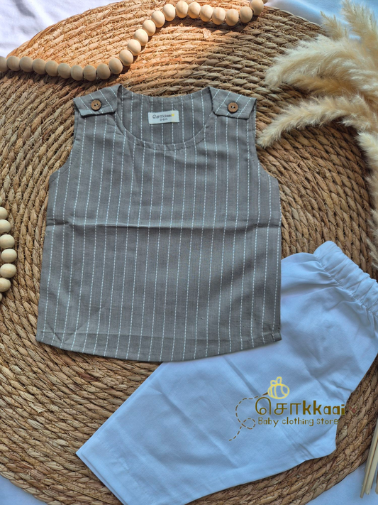 Grey stripes shoulder button sleeveless set (0-3years) - Unisex/ Girl / Boy