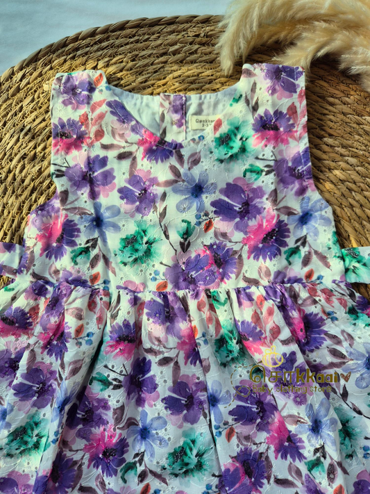 Hakoba cotton Baby Girl Frock  - Purple floral (2 to 4years)