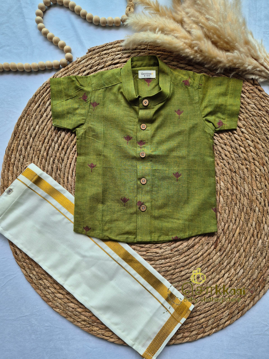 Mehandi green lotus Kids Shirt with veshti (6m to 5years)