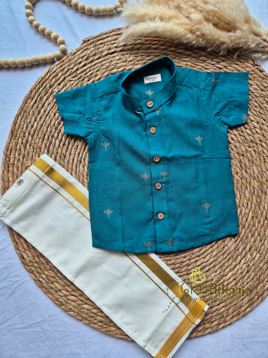 Peacock blue lotus Kids Shirt with veshti (6m to 5years)
