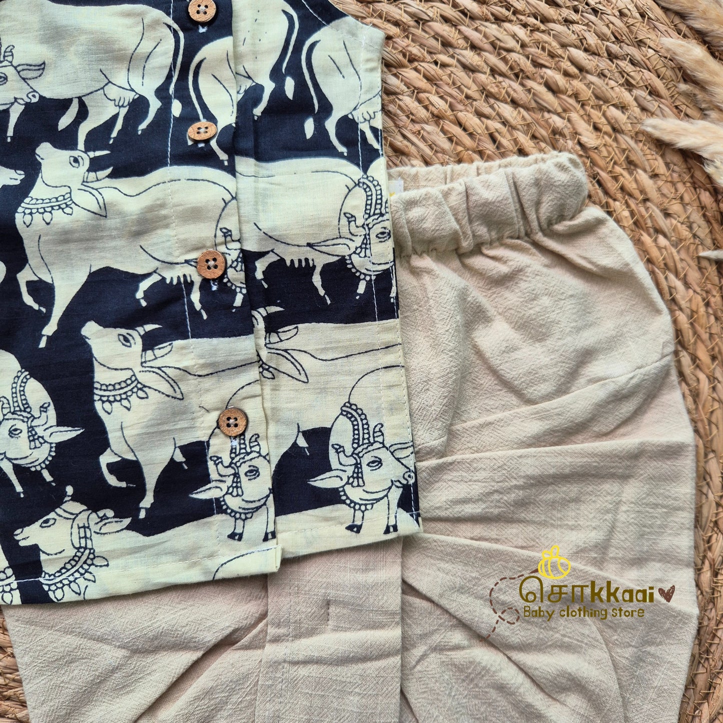 Black Pichwai Cow Cotton Kids Dhoti Set (0-5yrs) - Sokkaai