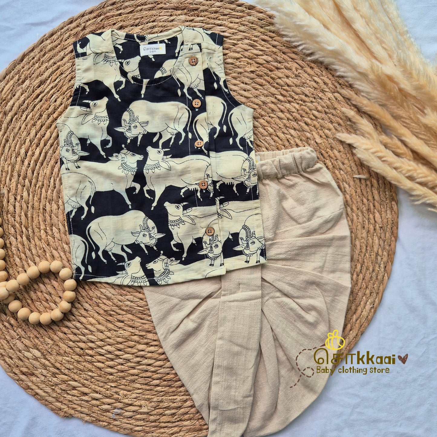 Black Pichwai Cow Cotton Kids Dhoti Set (0-5yrs) - Sokkaai