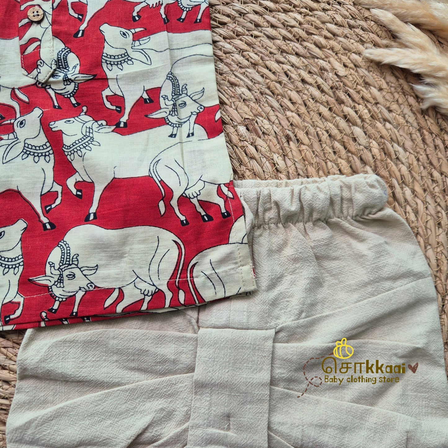 Red Pichwai Cow Cotton Kids Dhoti Set (0-5yrs) - Sokkaai