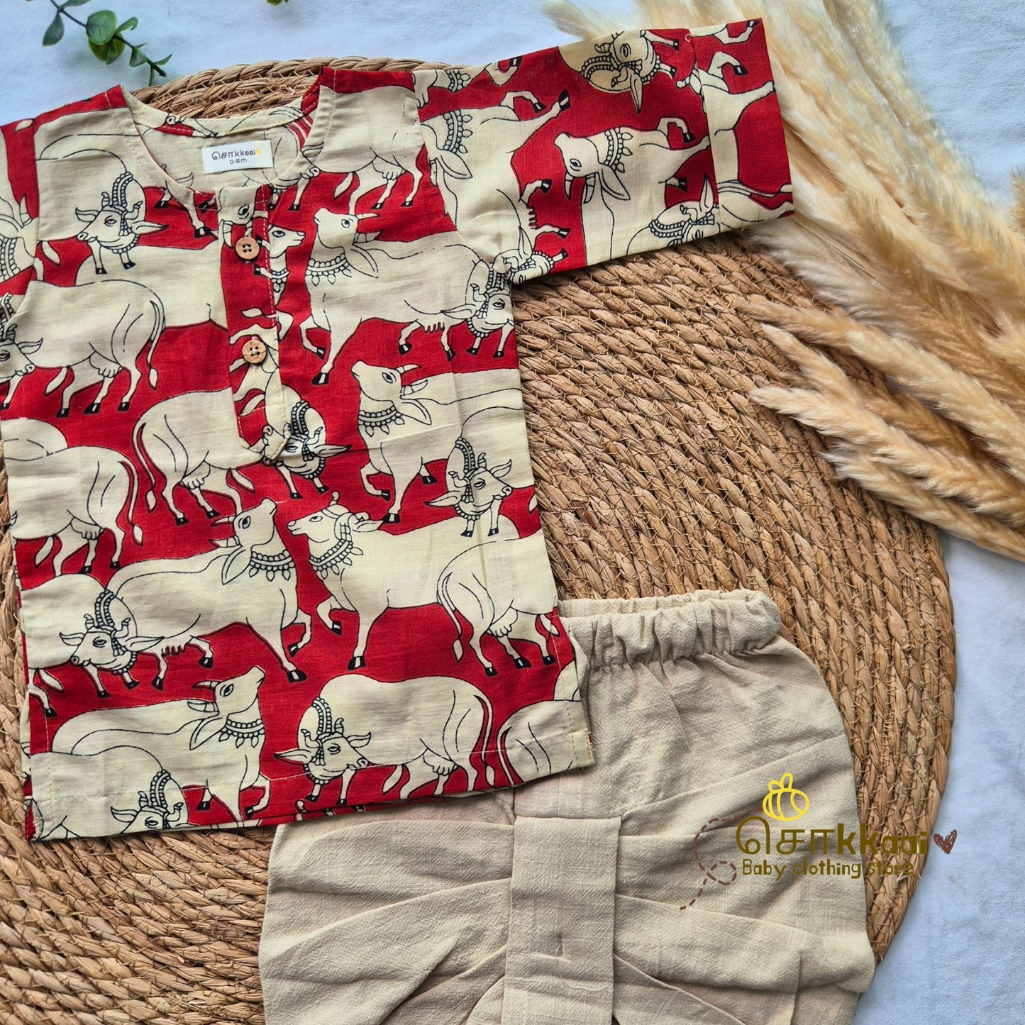 Red Pichwai Cow Cotton Kids Dhoti Set (0-5yrs) - Sokkaai