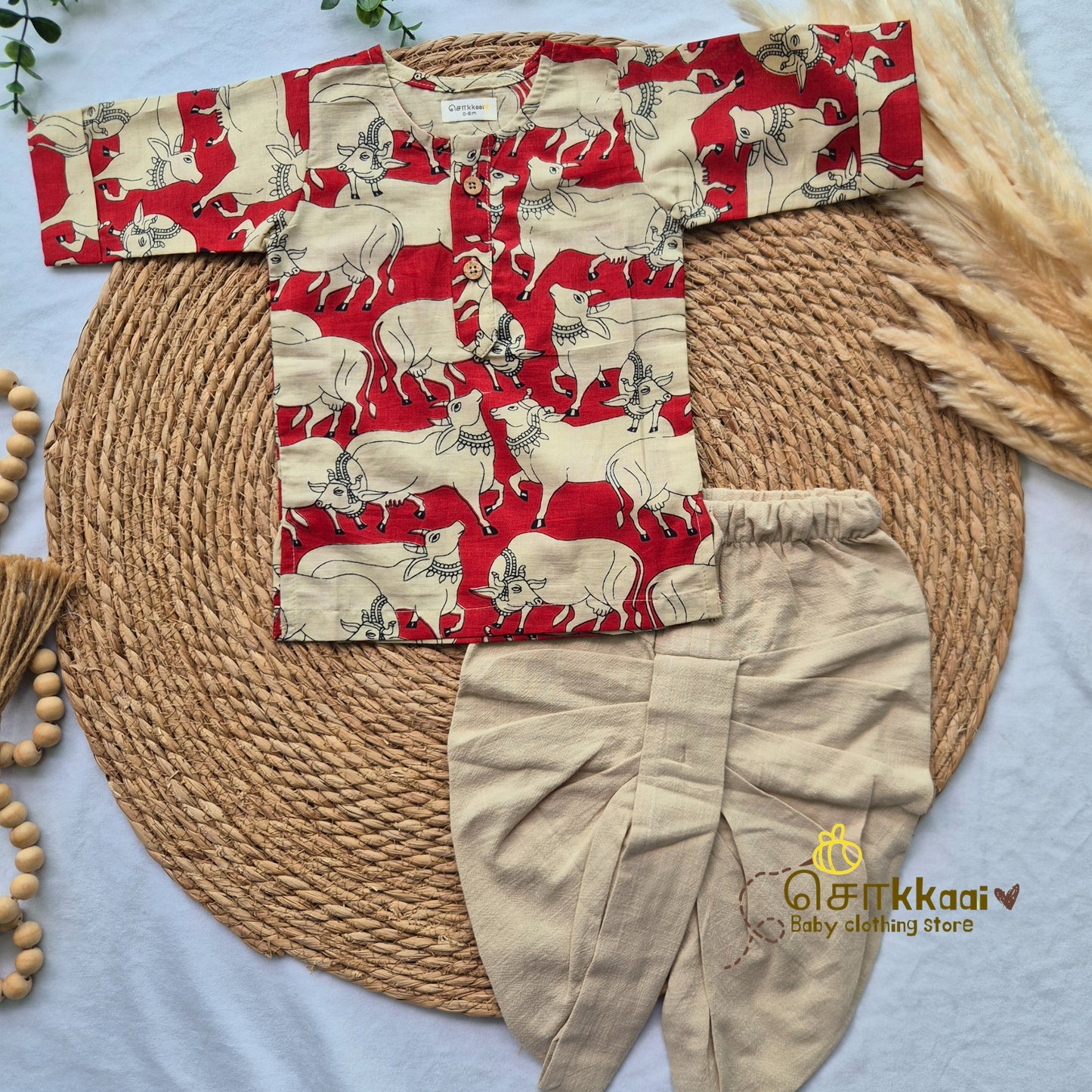 Red Pichwai Cow Cotton Kids Dhoti Set (0-5yrs) - Sokkaai