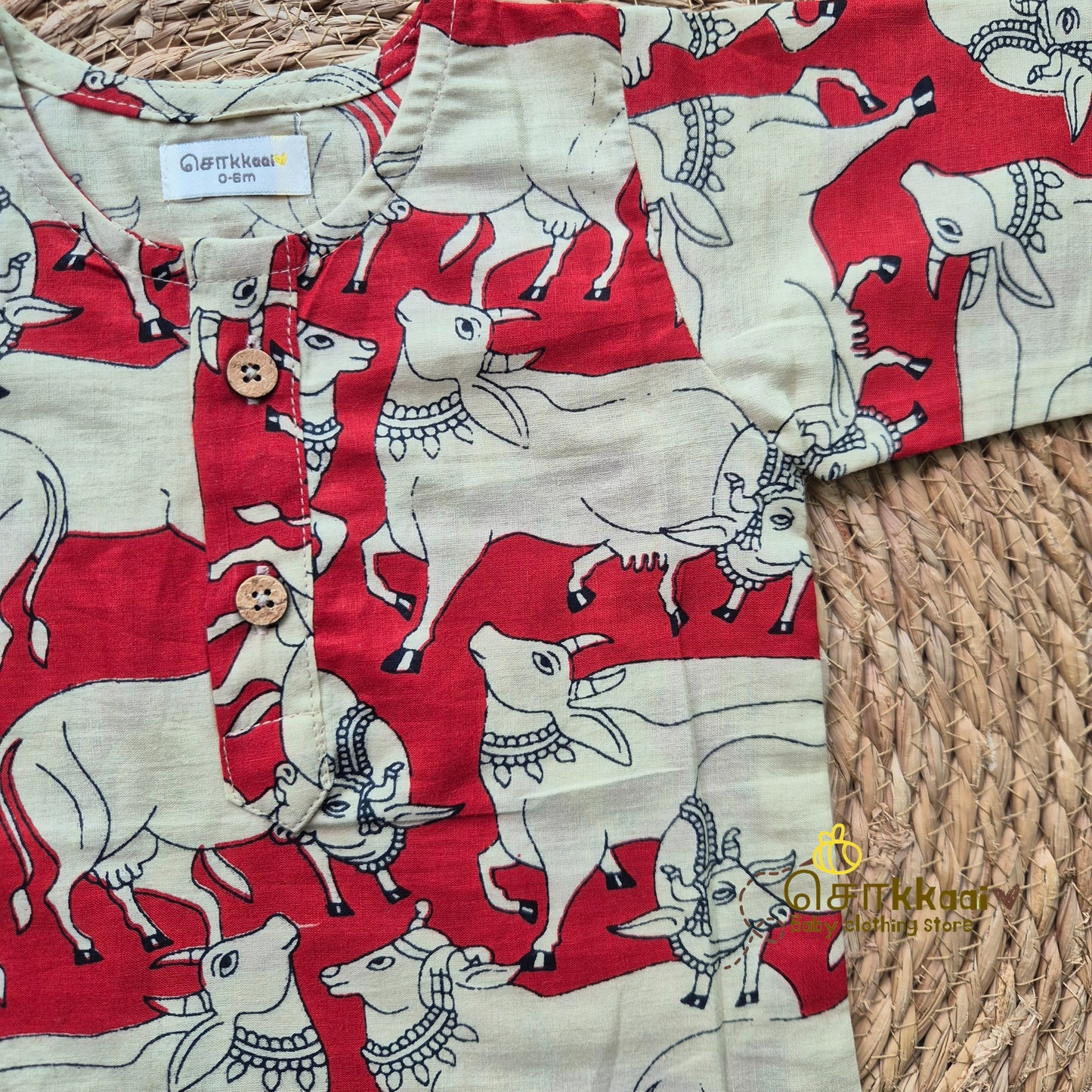 Red Pichwai Cow Mid length kurta with elbow sleeve (0-5years) Sokkaai