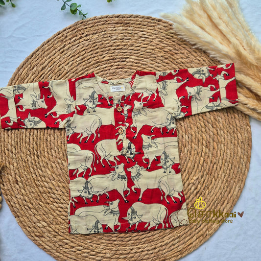 Red Pichwai Cow Mid length kurta with elbow sleeve (0-5years) Sokkaai