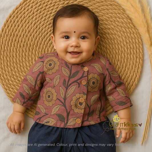Dusty plum floral & Navy kids cotton dhoti set (0-5yrs) - Sokkaai