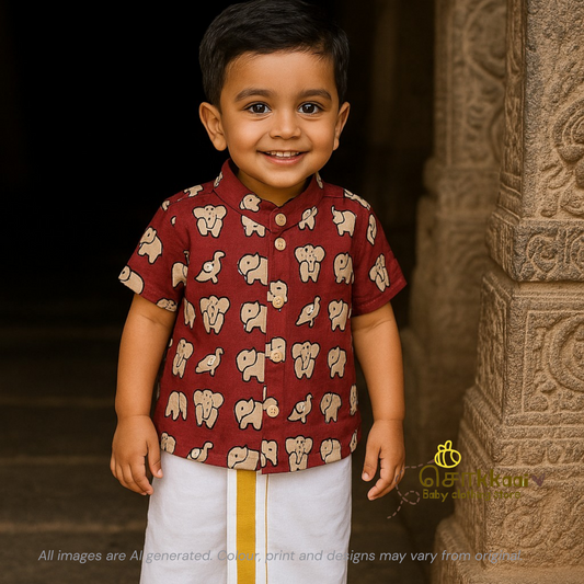 Red hand block elephant cotton Kids Shirt (6m to 5years) - Sokkaai