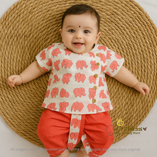 Peach elephant kids cotton dhoti set (0-5yrs) - Sokkaai