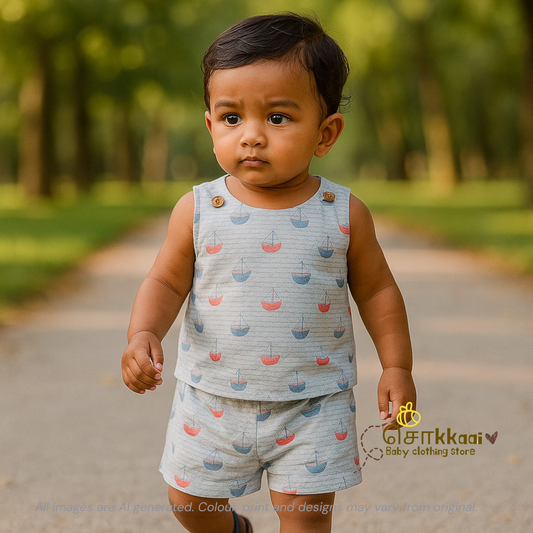 Boat and sail mix cotton coord set (0-3years) - Unisex - Sokkaai