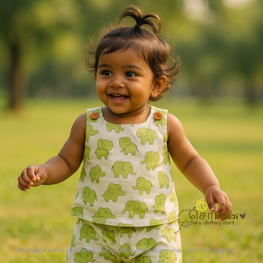 Light green elephant cotton Coord Set (0-3years) - Unisex - Sokkaai