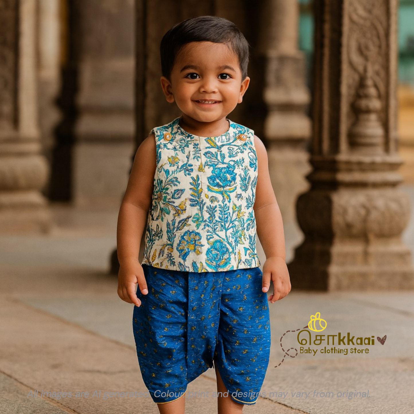 Floral with blue kantha cotton kids dhoti set (0-3yrs) - Sokkaai