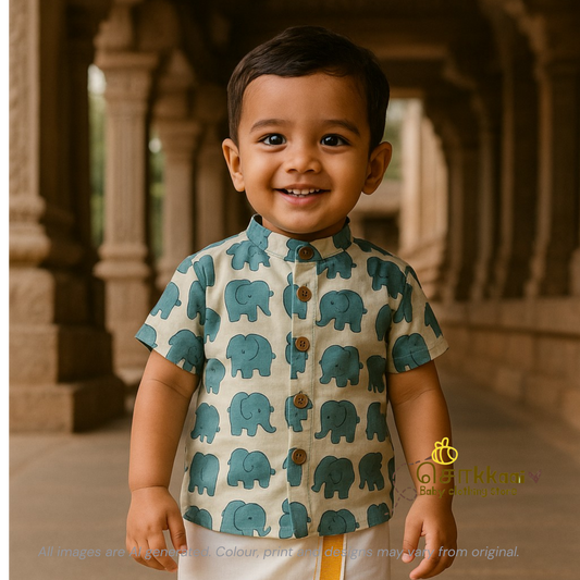 Blue small elephant cambric cotton Kids Shirt (6m to 5years) - Sokkaai