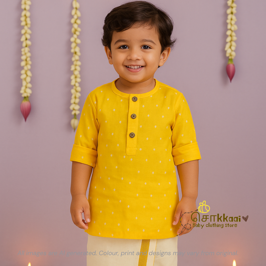 Yellow handloom mid length kurta with veshti set(6m-6yrs) - Sokkaai