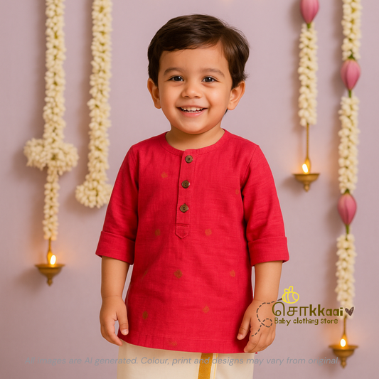 Pink handloom mid length kurta with veshti set(6m-6yrs) - Sokkaai