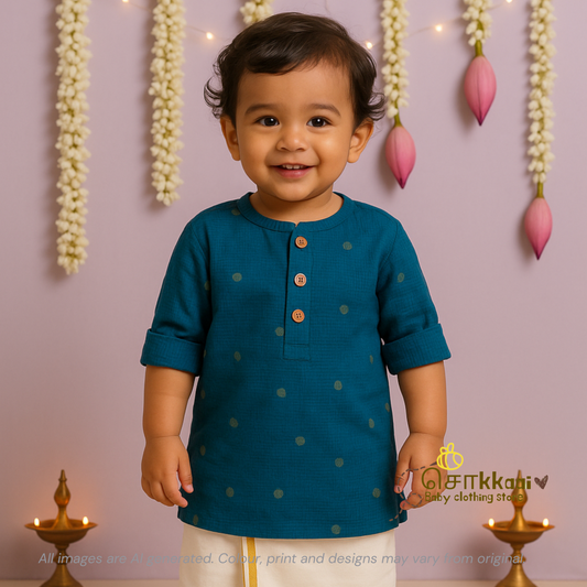 Peacock blue handloom mid length kurta with veshti set(6m-6yrs) - Sokkaai