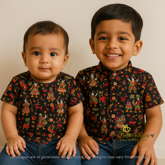 Black kalamkari Kids shirt (family combo) - 1 to 5years