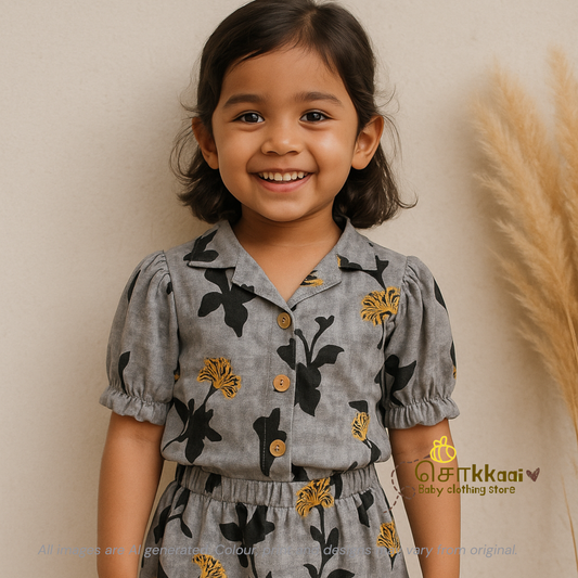 Grey & Black floral Cotton Skirt and top for Girls (2-5years)