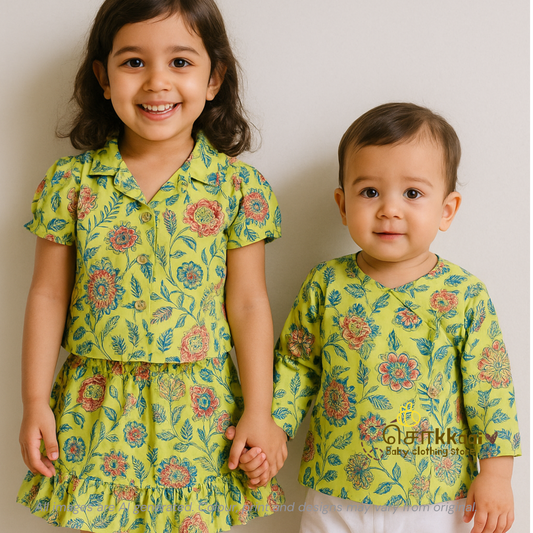 Light green floral Cotton Skirt and top for Girls (2-5years)