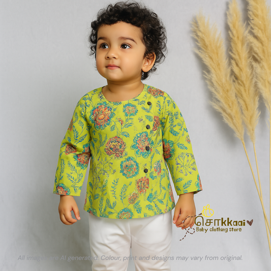 Light green floral printed cotton Kurta/ Jippa (6m to 2years)