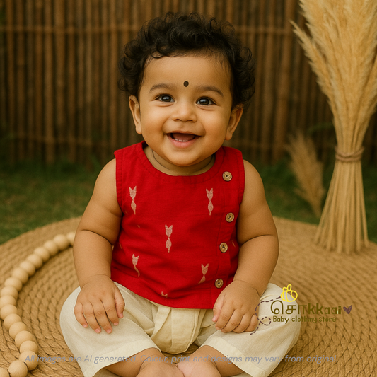 Red Blush & Beige Bliss kids cotton dhoti set (0-3yrs)