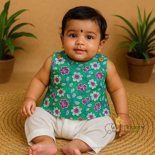 Green glaze & Rose cotton kids top (0 to 3years)