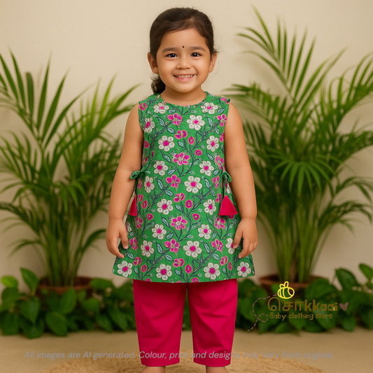 Green glaze and Rose Cotton kurti-pattiyala set for Girls (1-5years)