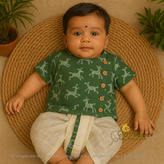 Green deer kids cotton dhoti set (0-3yrs)