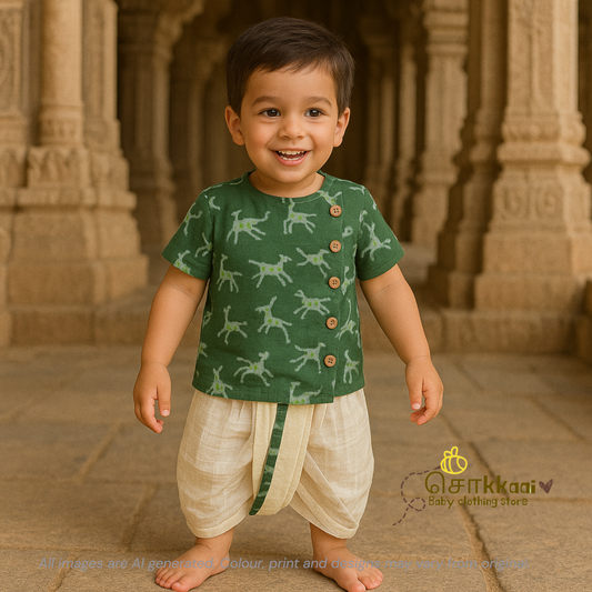 Green deer kids cotton dhoti set (0-3yrs)