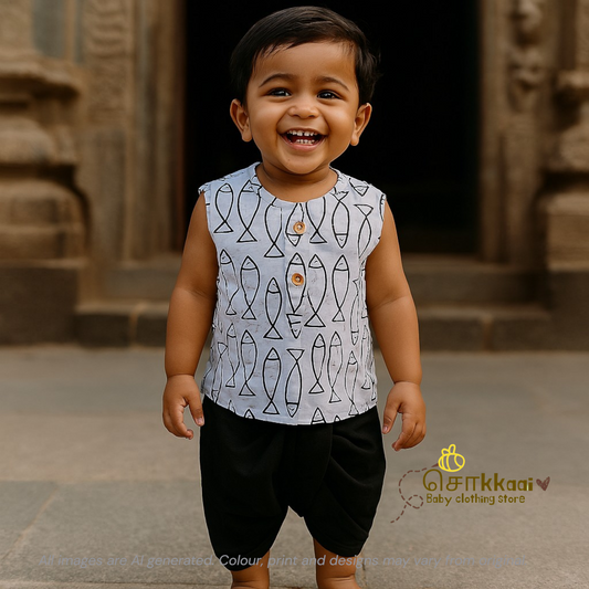 Fish print with black kids cotton dhoti set (0-3yrs)