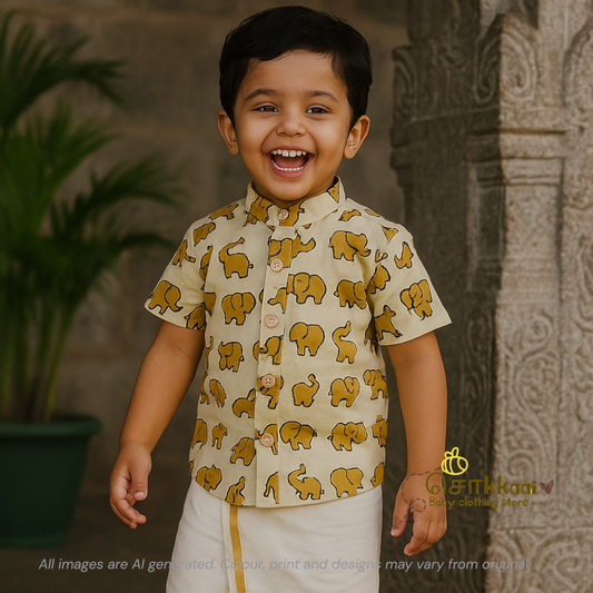 Hand block elephant cotton Kids Shirt (0 to 3years)