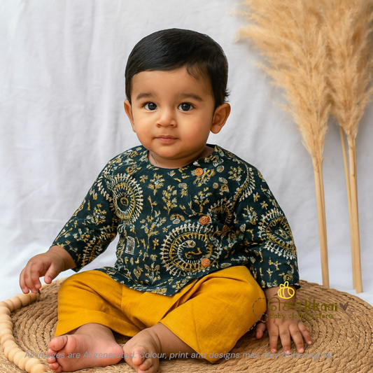 Green warli with mustard kids cotton dhoti set (0-5yrs)